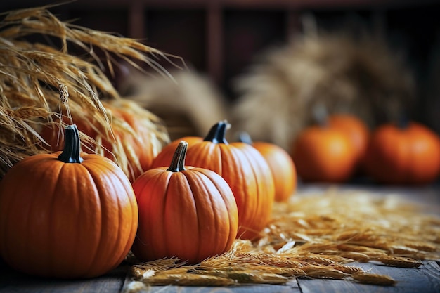 Halloween pumpkins and wheat on wooden background Selective focus