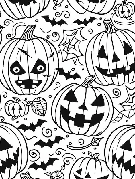 Photo halloween pumpkins and witch hats coloring page