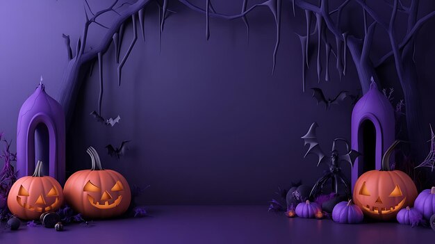 Photo halloween pumpkins with bats and bats on a purple background