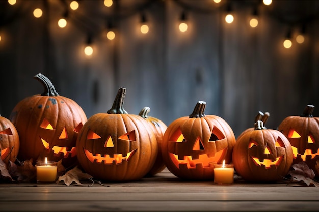 Halloween pumpkins with burning candles on wooden background copy space mockup