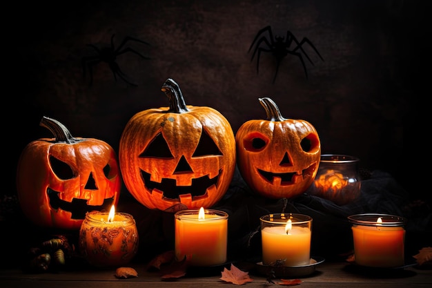 Halloween pumpkins with candles on a dark background