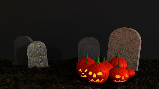 Halloween pumpkins with candles on in graveyard with tombstone Halloween night concept 3D rendering