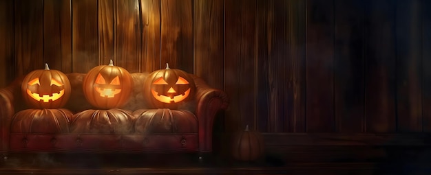 Halloween pumpkins with carved faces on a dark wooden background