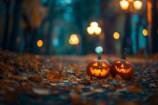 Halloween pumpkins with carved faces on the ground in the park