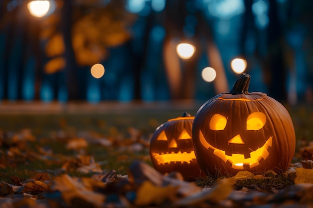 Halloween pumpkins with carved faces on the ground in the park