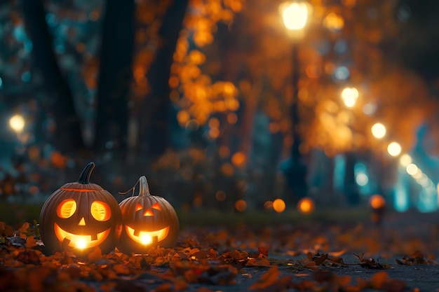 Halloween pumpkins with carved faces on the ground in the park