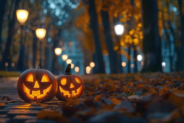 Halloween pumpkins with carved faces on the ground in the park