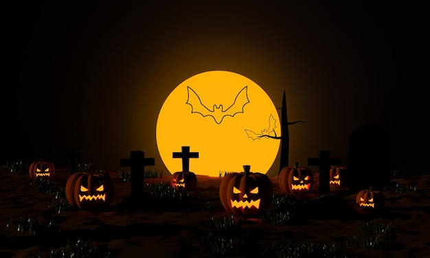 Halloween pumpkins with a cemetery and flying bat at moonlight spooky night 3D rendering