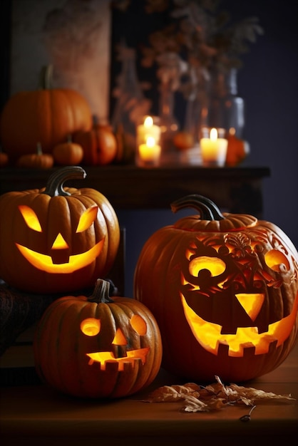 Halloween pumpkins with faces on a table