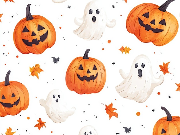 halloween pumpkins with ghosts and bats on a white background