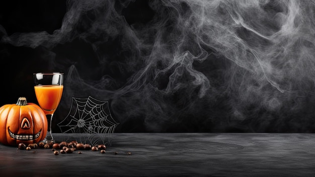 Halloween pumpkins with a glass of pumpkin juice on dark background