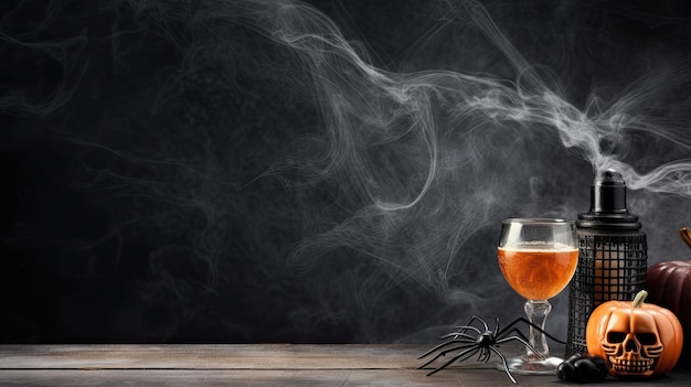 Halloween pumpkins with a glass of pumpkin juice on dark background