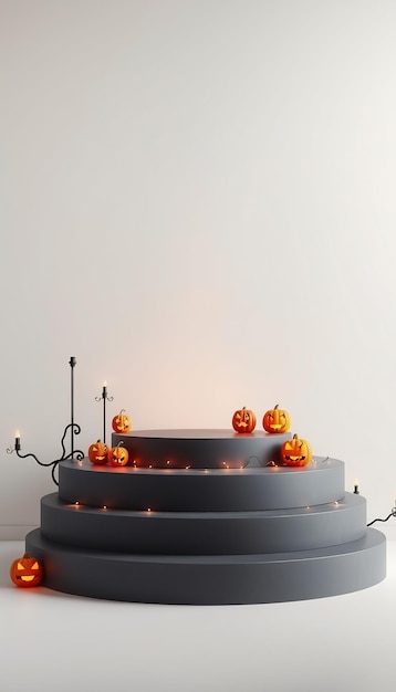 Photo halloween pumpkins with glowing faces on a grey podium with string lights