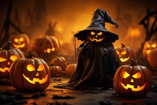 Halloween pumpkins with lanterns wearing warlocks hats Skittish halloween CharactersGenerative AI