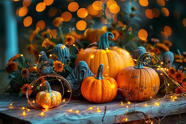 Halloween pumpkins with lights on a wooden table