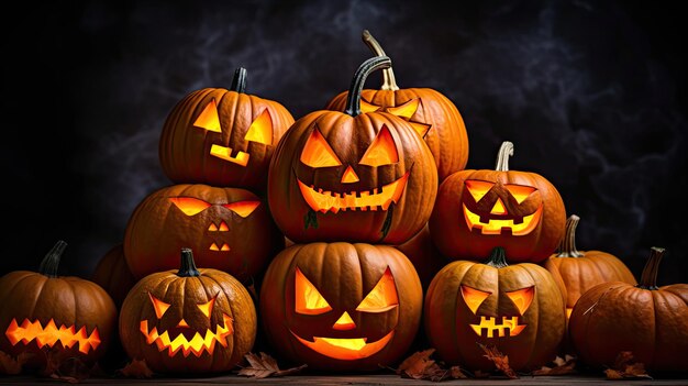 Halloween pumpkins with scary faces on wooden background 3d illustration