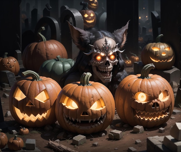 Halloween pumpkins with a wolf head behind them