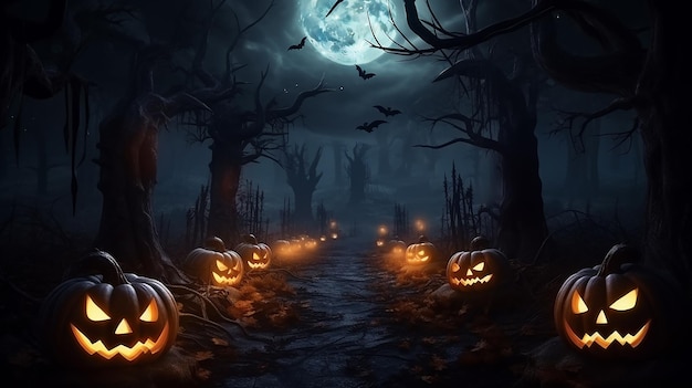 Halloween Pumpkins on wood Halloween Background At Night Forest with Moon