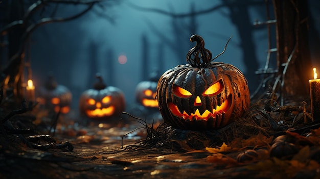 Halloween Pumpkins On Wood In A Spooky Forest At Night Generative AI