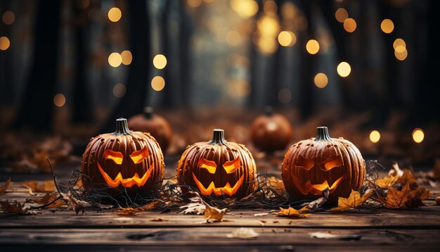 Halloween Pumpkins On Wood In A Spooky Forest At Night