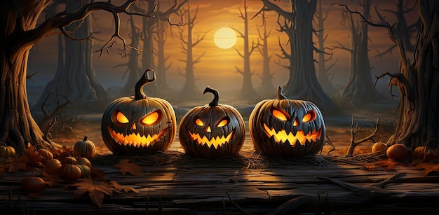 Halloween Pumpkins On Wood In A Spooky Forest At Night