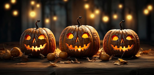 Halloween Pumpkins On Wood In A Spooky Forest At Night