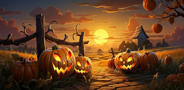 Halloween Pumpkins On Wood In A Spooky Forest At Night