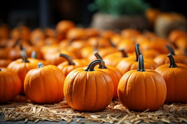 Halloween pumpkins on wooden background Selective focus Holiday