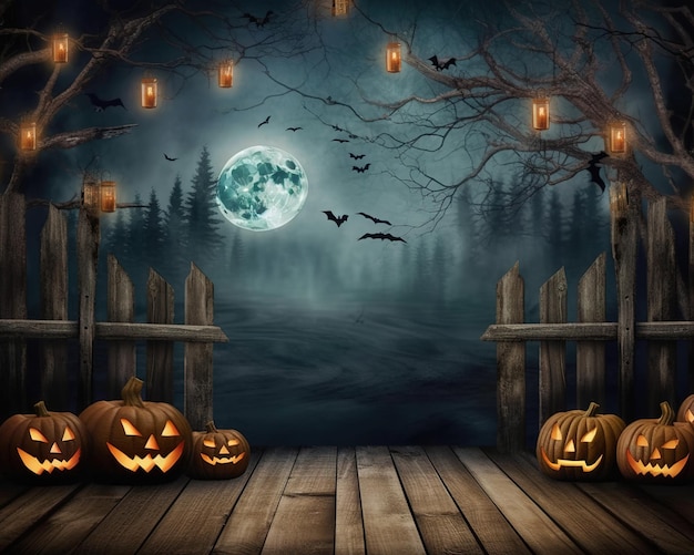 Halloween pumpkins on a wooden deck with a full moon in the background