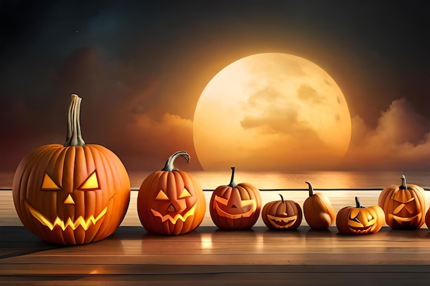 Halloween pumpkins on a wooden floor with a full moon in the background.