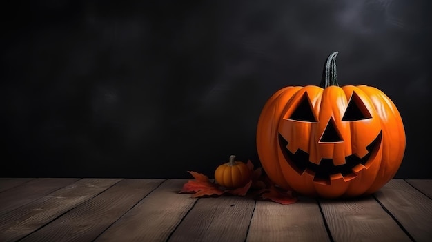 Halloween pumpkins on wooden table and black background space for text