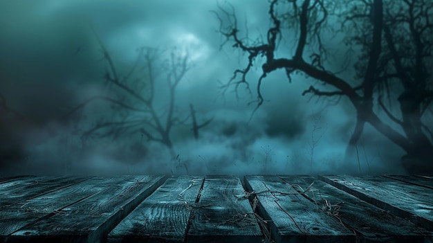 Halloween Pumpkins on a Wooden Table in the Dark