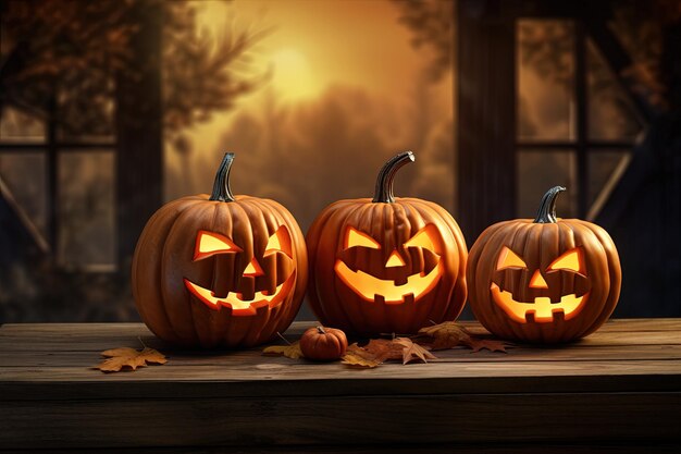 Halloween pumpkins on wooden table with bokeh lights background