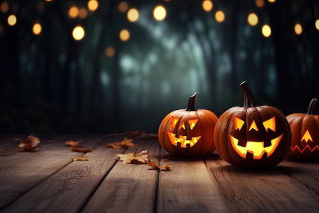 Halloween pumpkins on wooden table with bokeh lights background