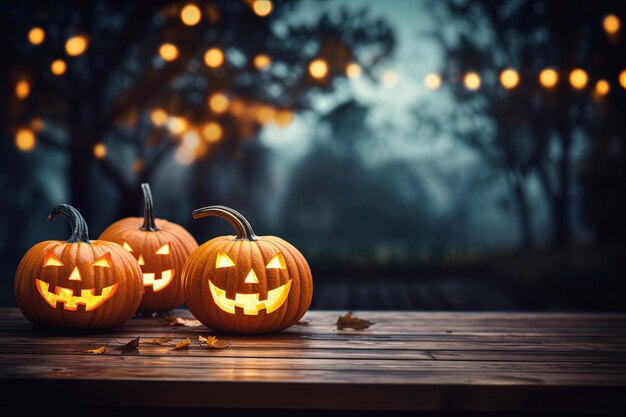 Halloween pumpkins on wooden table with bokeh lights background