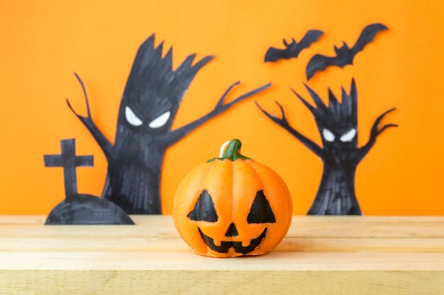 Halloween Pumpkins on wooden table