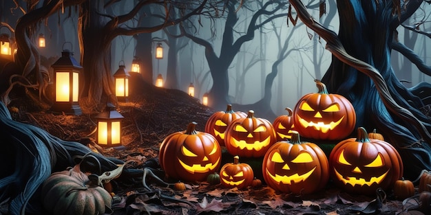 halloween pumpkins in the woods by author