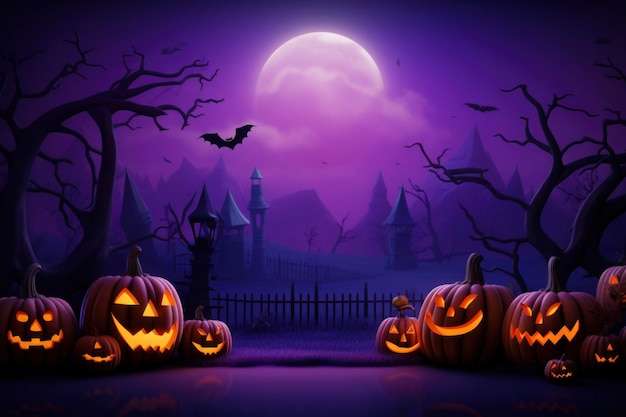 Halloween purple background with essential characters simple design with copy space