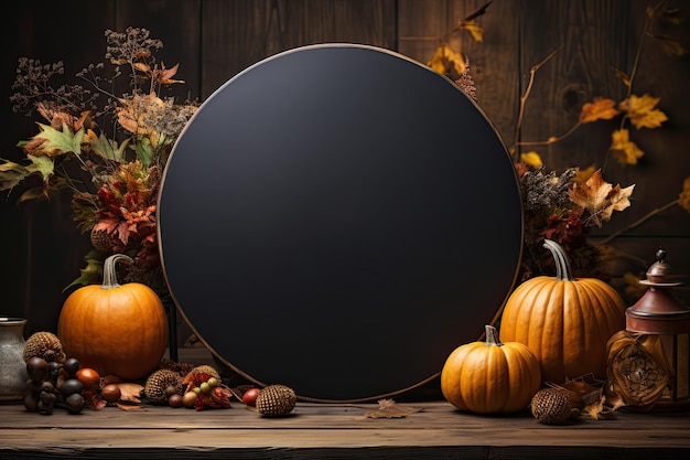 Halloween round sign blank mockup with pumpkins and fall leaves