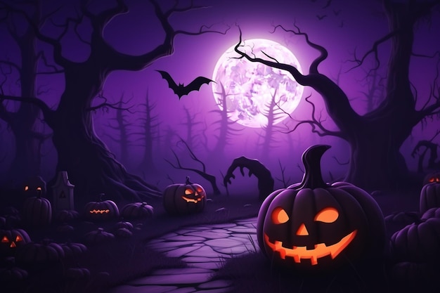 Halloween sale background with a big moon in violet hues