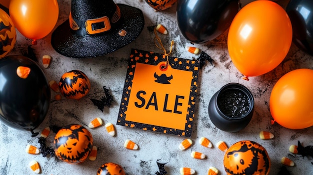 Photo halloween sale concept showing discount on festive products with witch hat and balloons