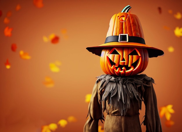 Halloween scarecrow with caved pumpkin head autumn background 3d rendering