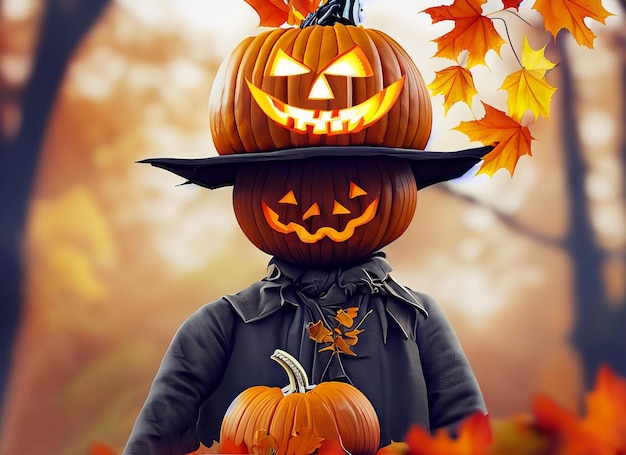 Halloween scarecrow with caved pumpkin head autumn background 3d rendering