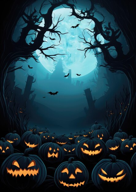 Halloween scary night forest and house wallpaper with pumpkins and moon Generative Ai