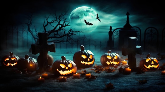 Halloween scary pumpkin with fire in the cemetery at night grave background AI generated