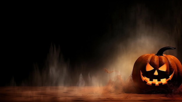 A halloween scary pumpkin with in smoke on a dark background Generated AI