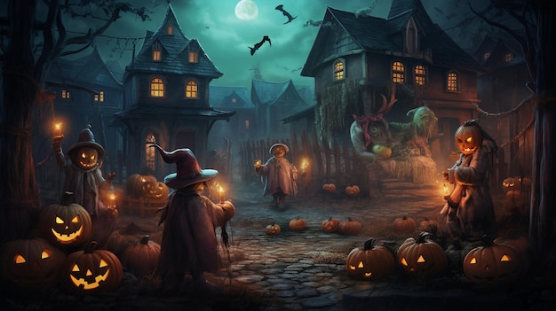 Halloween scene children costumized going to ask for candies