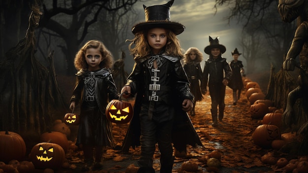 Halloween scene children costumized going to ask for candies