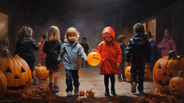 Halloween scene children costumized going to ask for candies