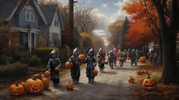 Halloween scene children costumized going to ask for candies